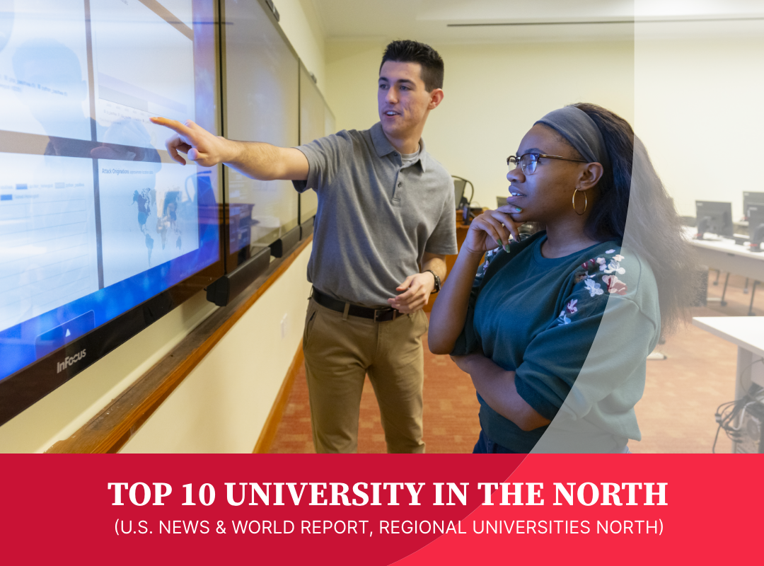 A student learning in class with the caption Top 10 University in the North, U.S. News and World Report.