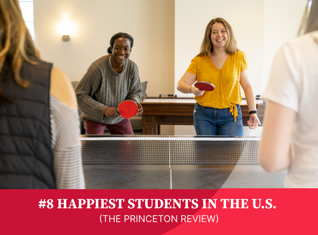 Students playing ping pong with the caption #8 Happiest Students in the U.S., The Princeton Review.