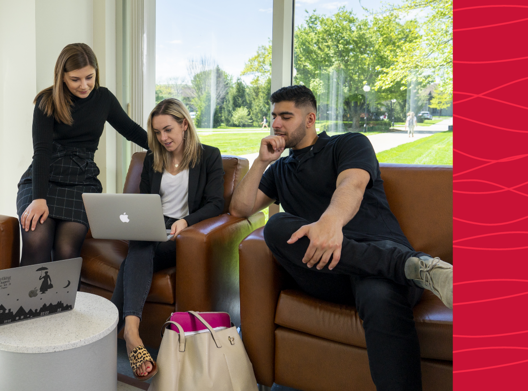 Students studying in a residence hall lounge.