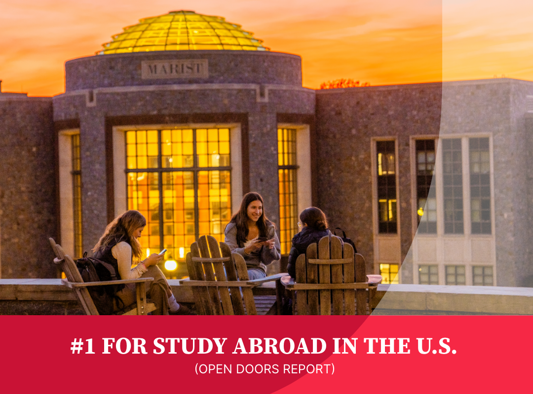 Students relaxing on campus with the text #1 for Study Abroad in the U.S., Open Doors Report.